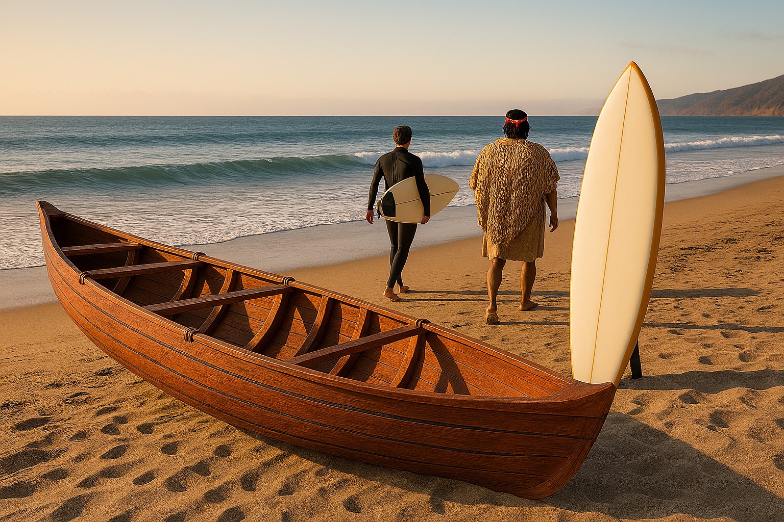 Chumash tomol and surfboard on the beach